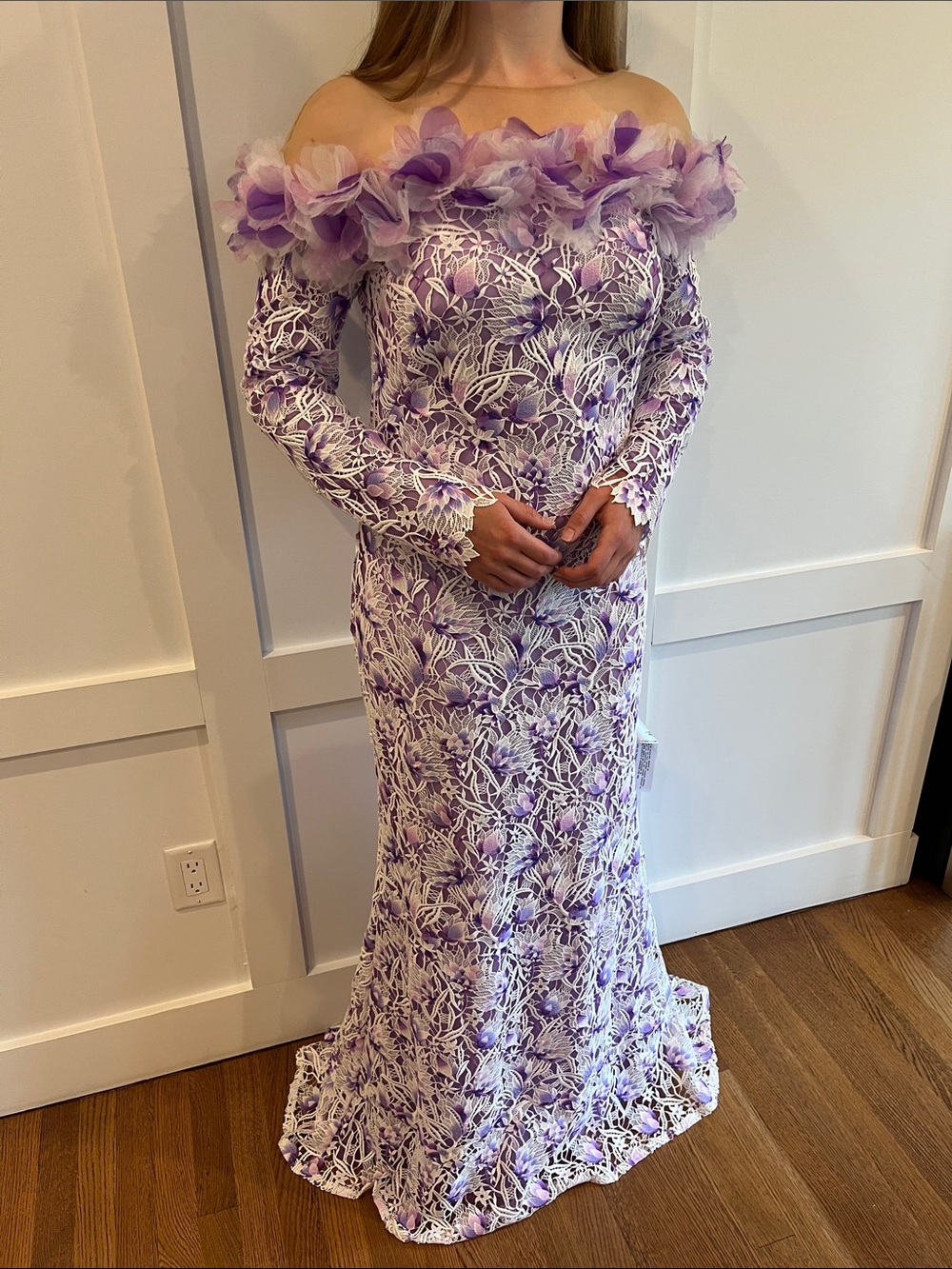 Tadashi Shoji -  Purple and White Liora Embroidered Lace Gown - NWT
Size 6